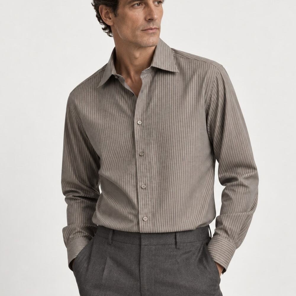 Z Zegna Men's City Fit Button up Shirt in Gray tan striped cotton size 16